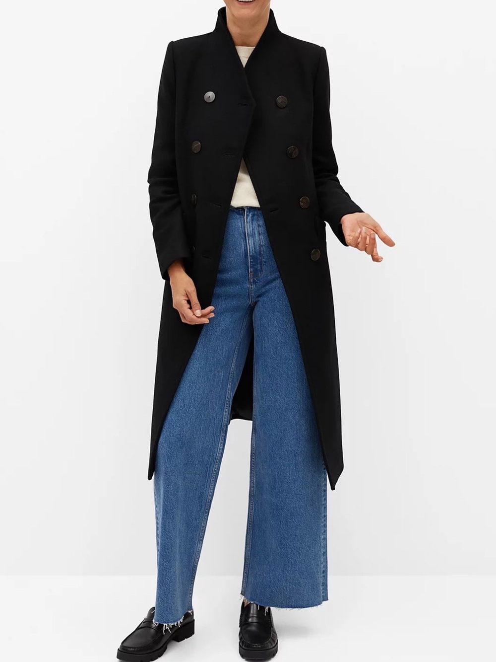MANGO Women's Black Wool Double-Breasted Coat Size Medium